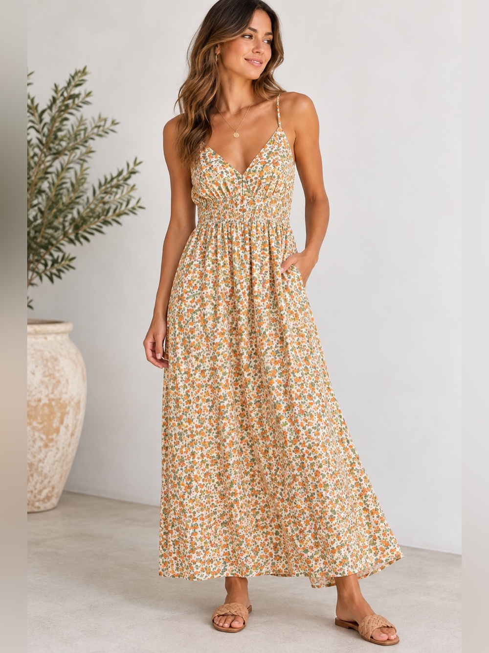 WAYF Orange Ditsy Floral Cotton Maxi Dress Smocked Waist Medium NWT
